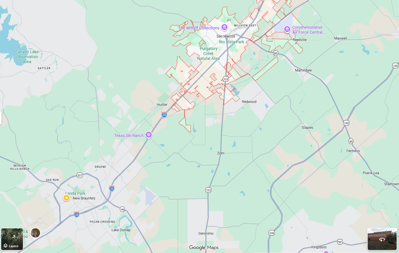A map showing New Braunfels next to San Marcos